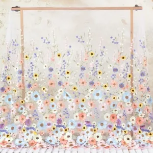 Light Blue & Pink Embroidery Colorful 3D Floral Lace