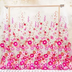 High-quality Fuchsia 3D Flowers Embroidered on White Mesh