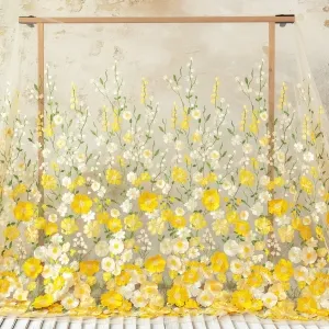 Stunning Yellow 3D Flowers Embroidered on Light Nude Mesh