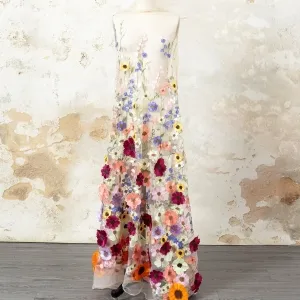Light Nude Mesh Embroidered with Colorful 3D Flowers