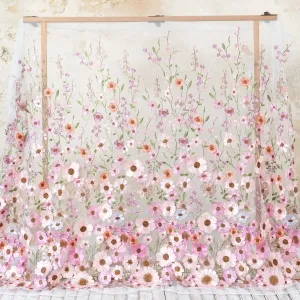 Pink 3D Flower with White Mesh Base Dressmaking Fabric
