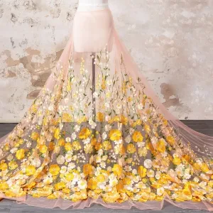 Vibrant Yellow 3D Flower Embroidery Pink Tulle Fabric