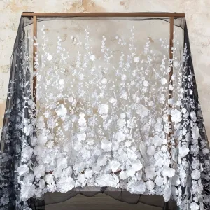White & Black 3D Flowers Embroidered Tulle Dress Fabric