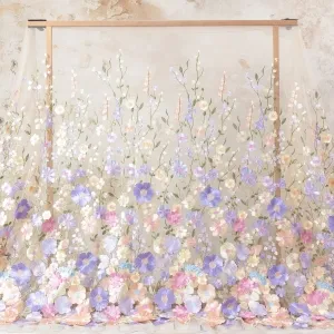 3D Lavender & Pink Flower Embroidery Nude Mesh Fabric