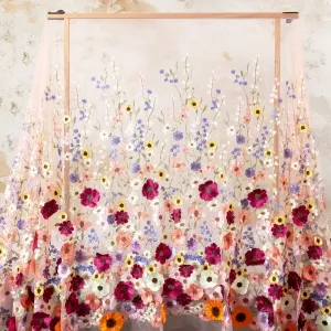 Colorful 3D Flower Embroidery Fabric with Pink Mesh Base