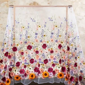 Multi-color 3D Flowers Embroidered on Pure White Mesh