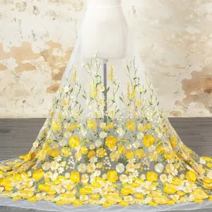 Yellow 3D Flower White Mesh Embroidery Fabric for Dresses