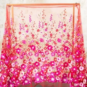 Fuchsia 3D Floral Embroidery Red Tulle for Prom Dresses
