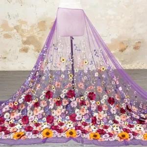 Purple Mesh Base Embroidered with Multi-color 3D Flowers