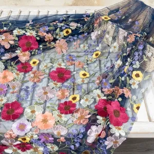 Colorful Floral Embroidery Fabric with Navy Mesh Base