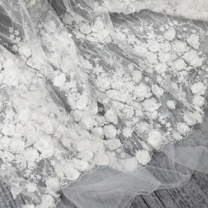 luxury pearl beaded 3d flowers bridal ivory lace farbic