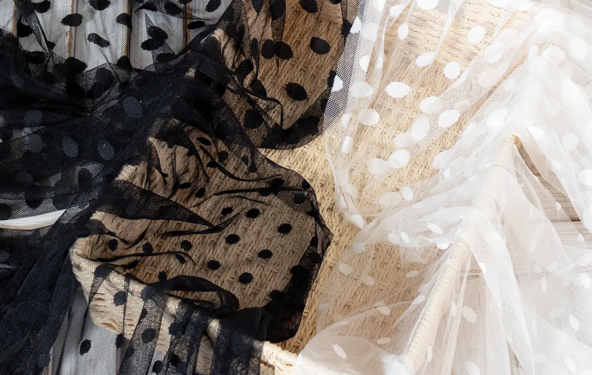black or white polka dot stretch mesh fabrics