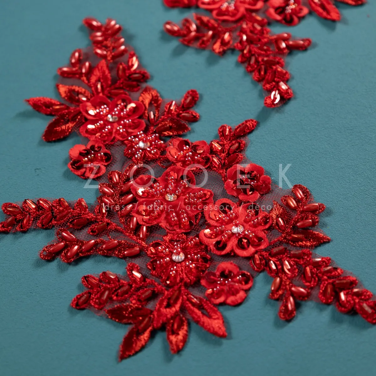 beaded dark red lace applique