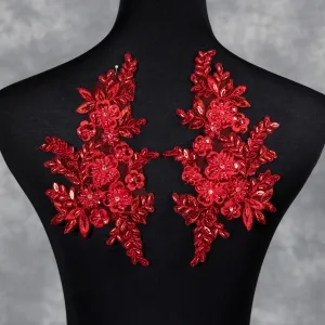 dark red beaded floral lace appliques for dance costumes