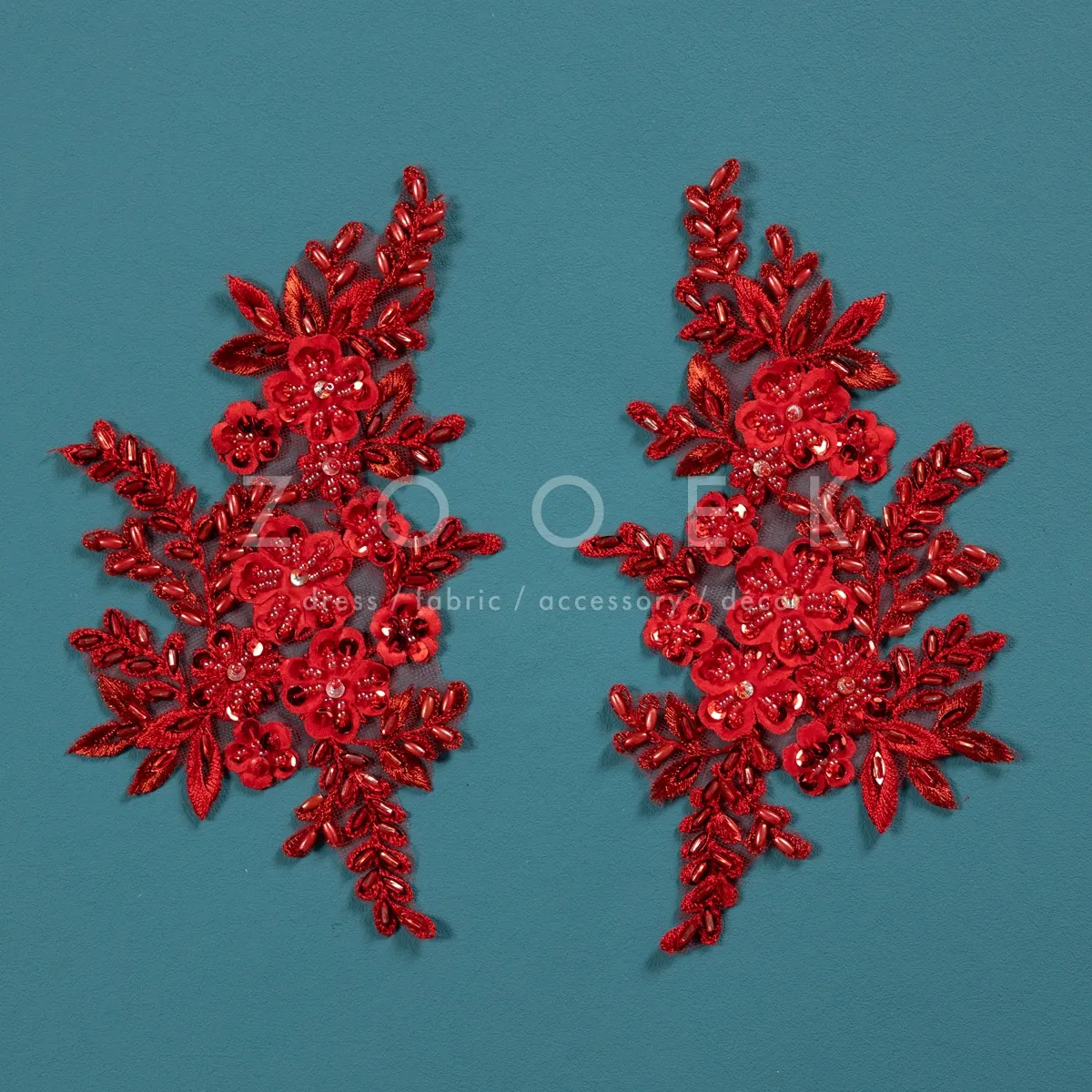 dark red beaded floral lace appliques