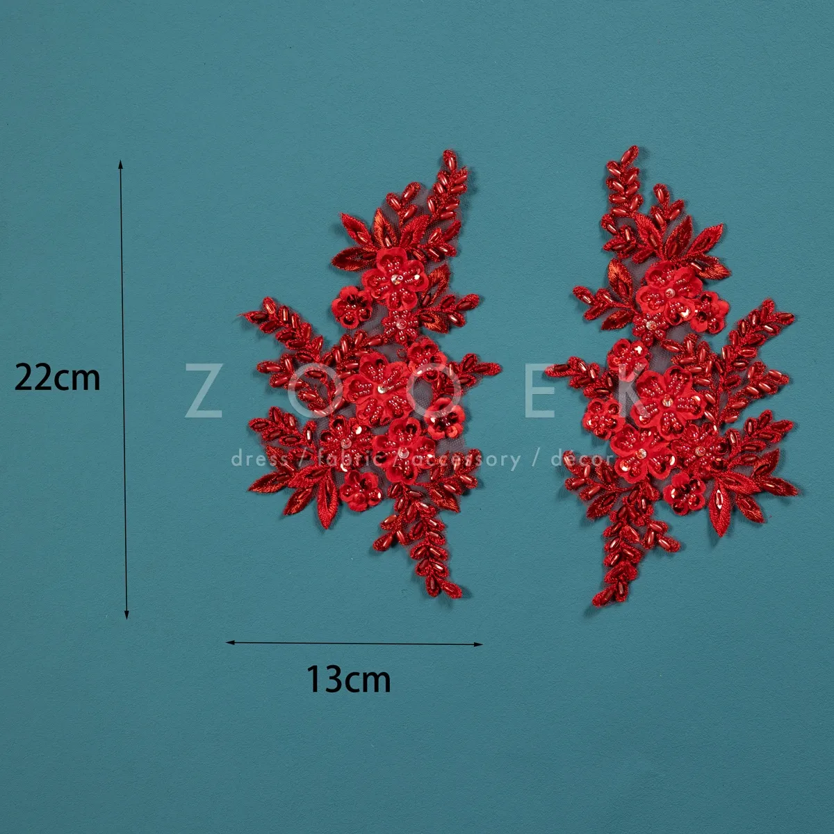 pair of dark red beaded floral lace appliques