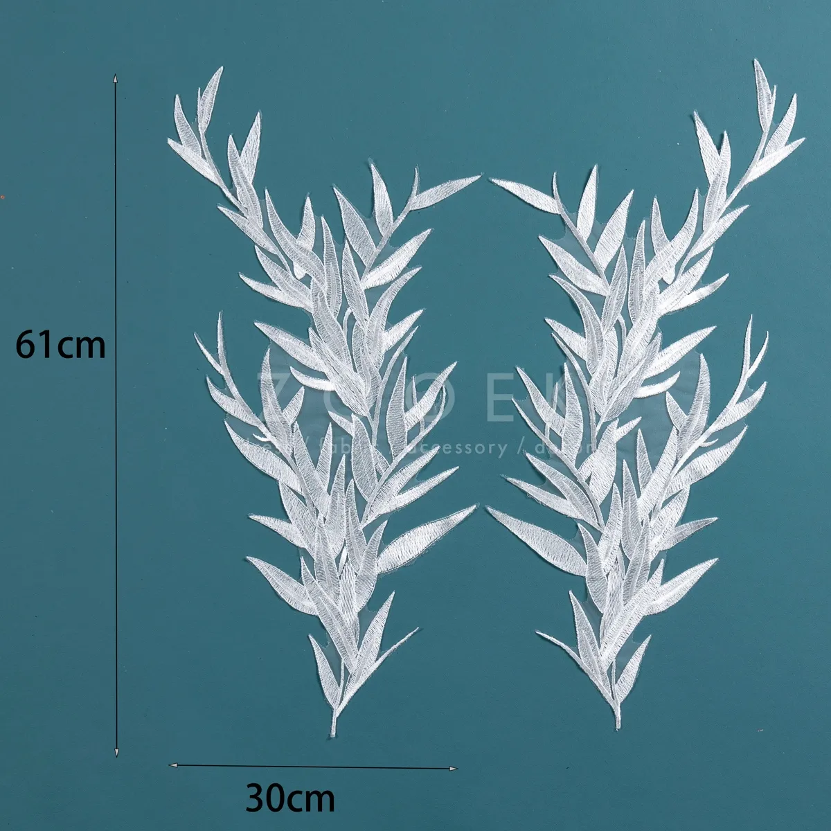pair of bamboo leaf pattern embroidered white lace appliques