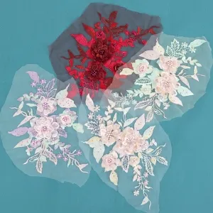 pearled 3d flowers lace appliques for dress decoration