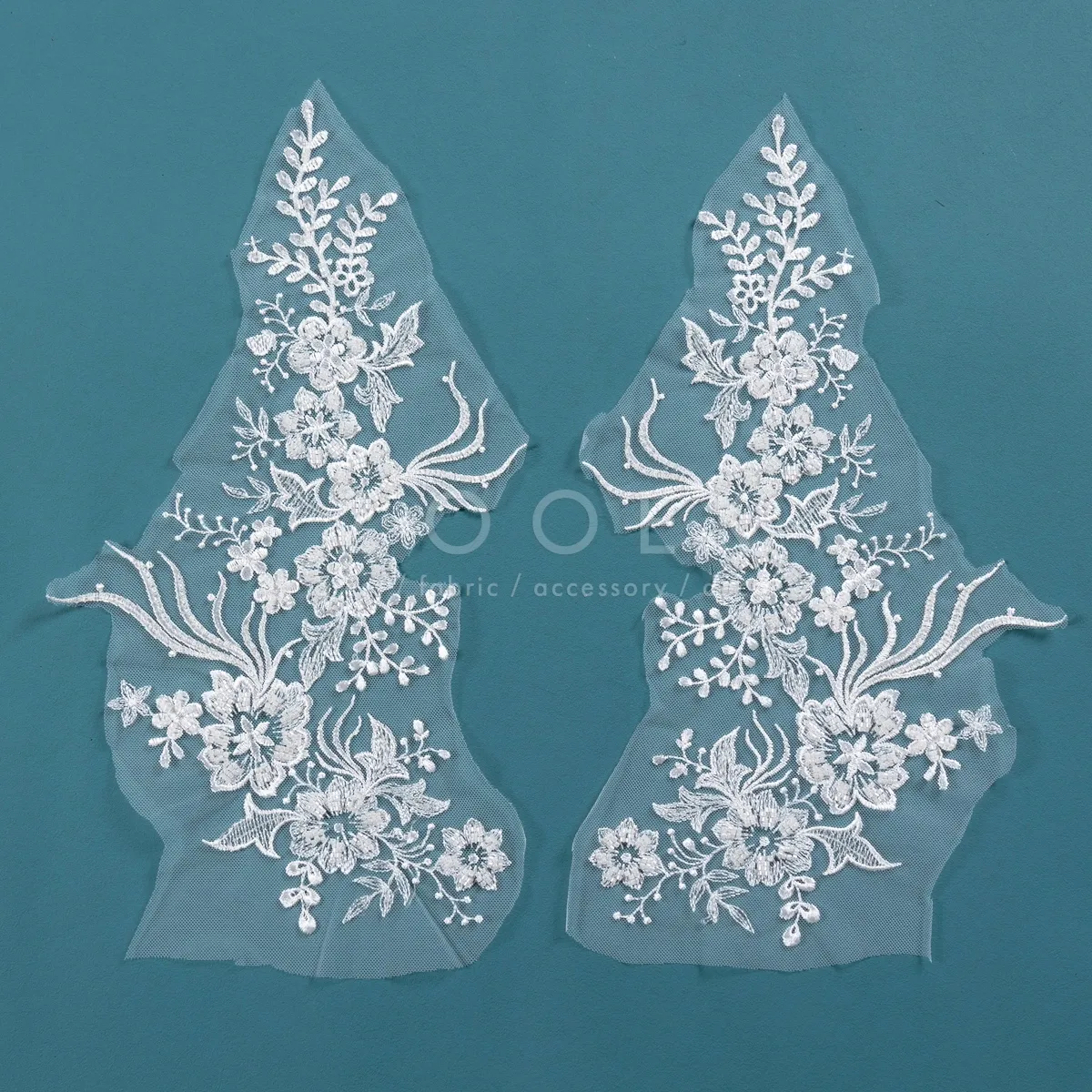 pair of exquisite beaded floral pattern bridal lace appliques