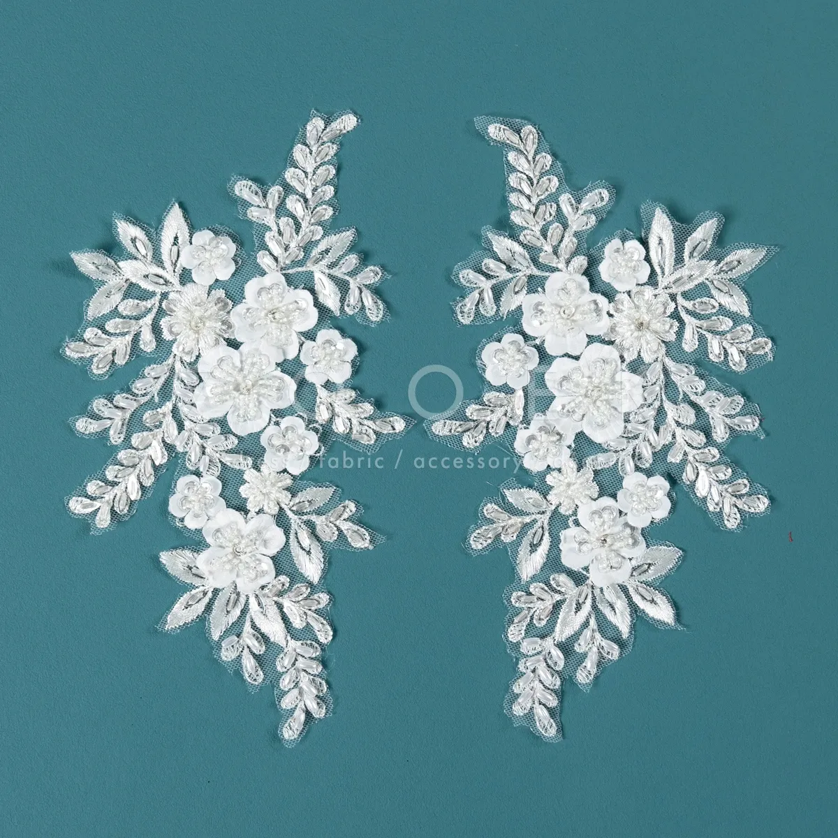 pair of classic white beaded floral lace appliques