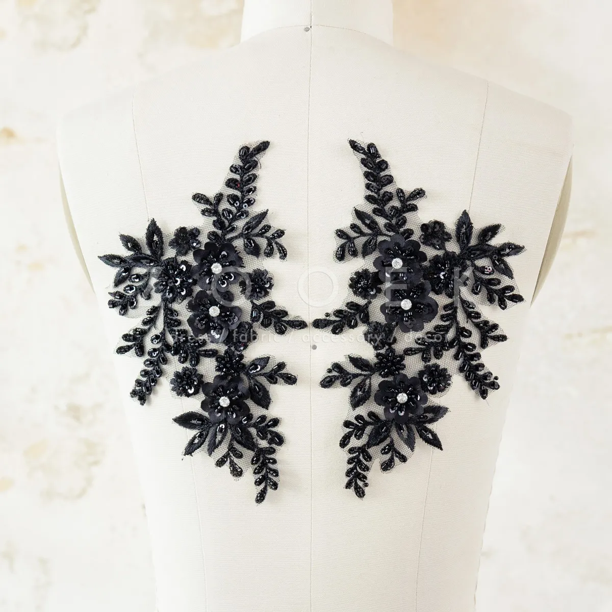 black beaded floral lace appliques
