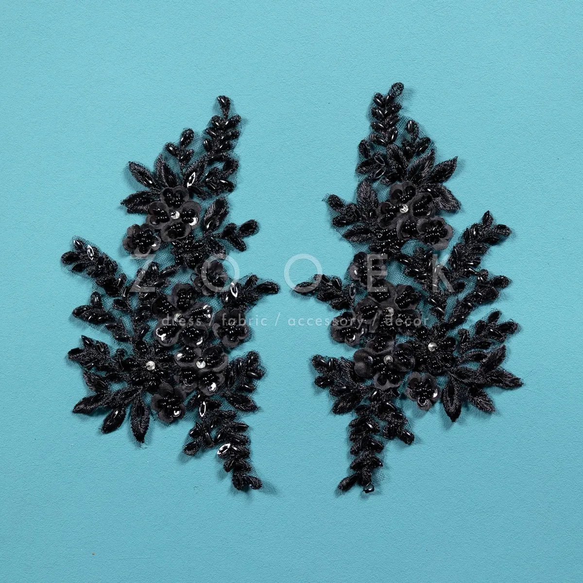 pair of elegant black beaded lace appliques for dresses