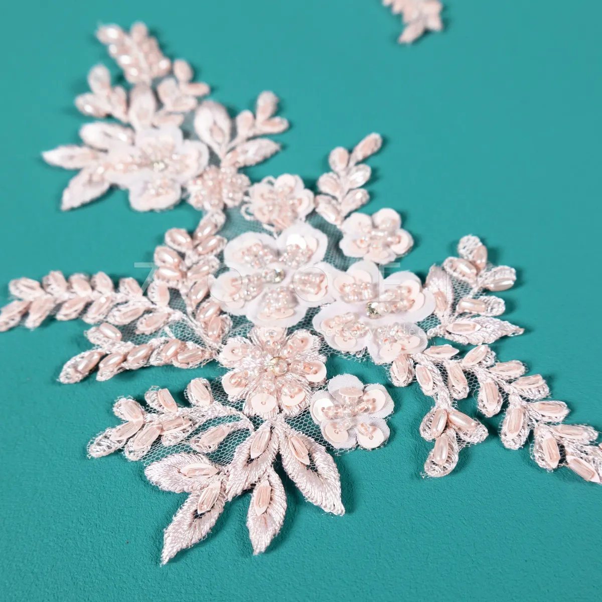 pair of beaded blush lace appliques