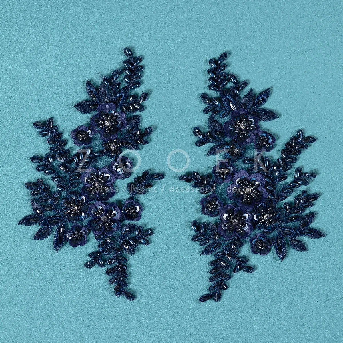 pair of stunning beaded navy lace appliques