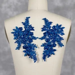 royal blue beaded floral motif lace appliques 1 pair