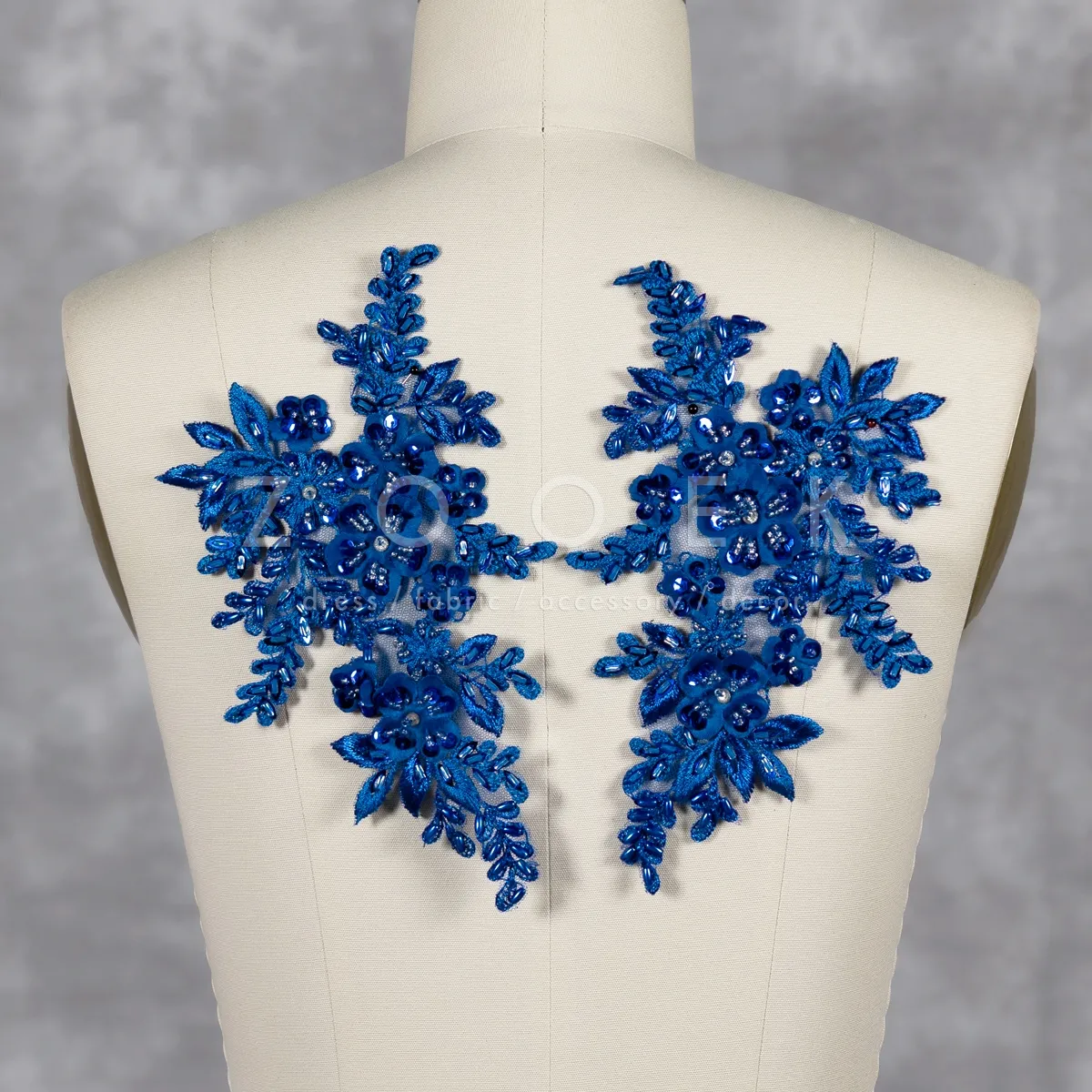 royal blue beaded floral motif lace appliques 1 pair