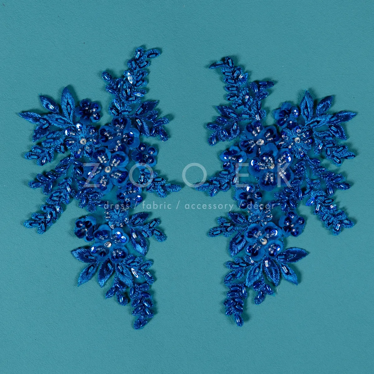 royal blue beaded floral motif lace