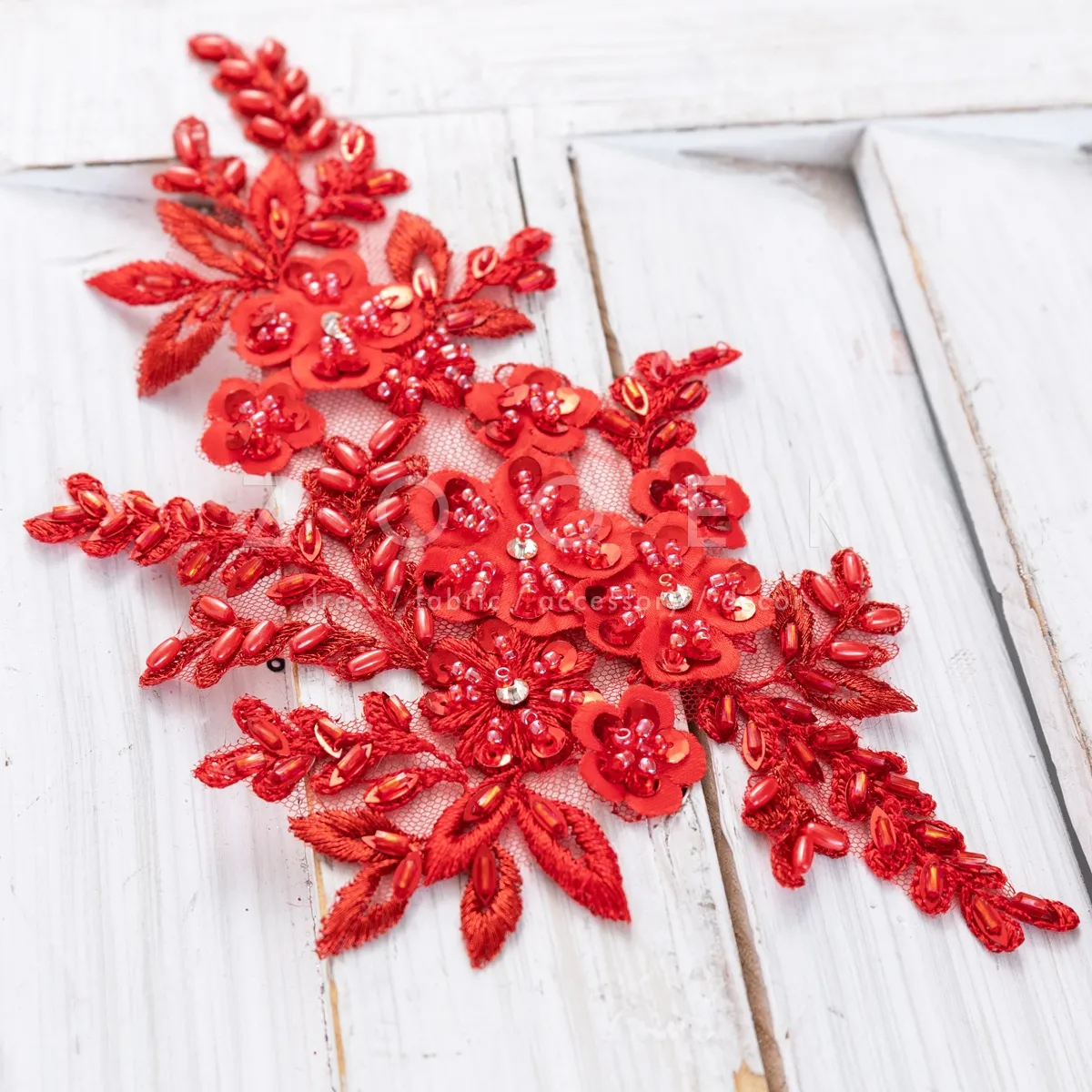 bright red shiny beaded lace applique for special occasion dresses