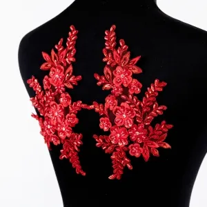 bright red shiny beaded lace appliques for evening dress