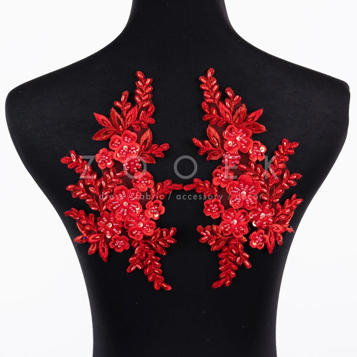 bright red shiny beaded lace appliques