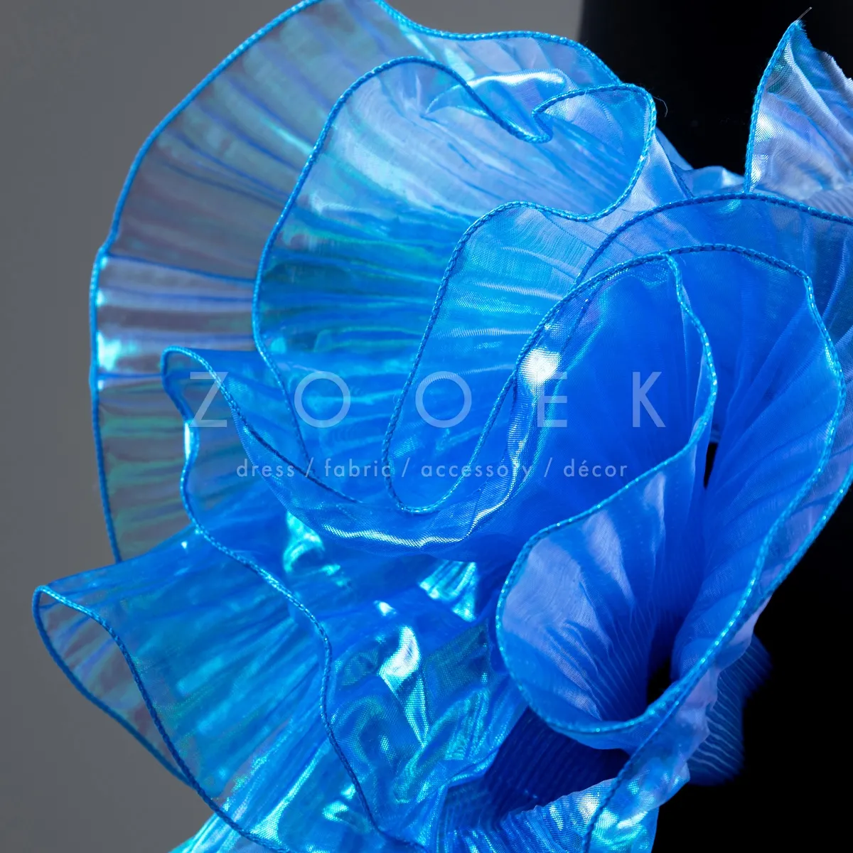 striking blue organza trim with ruffled pleats