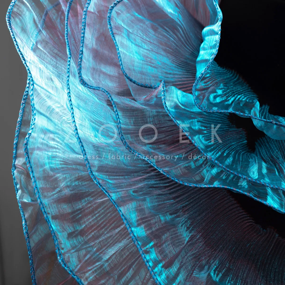 peacock blue ruby iridescent shiny organza trim