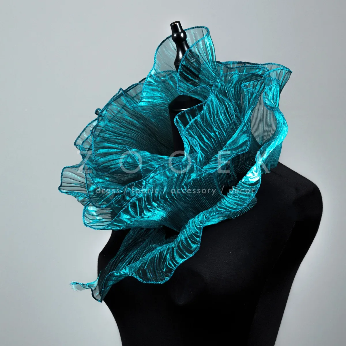 peacock blue pleated organza trim