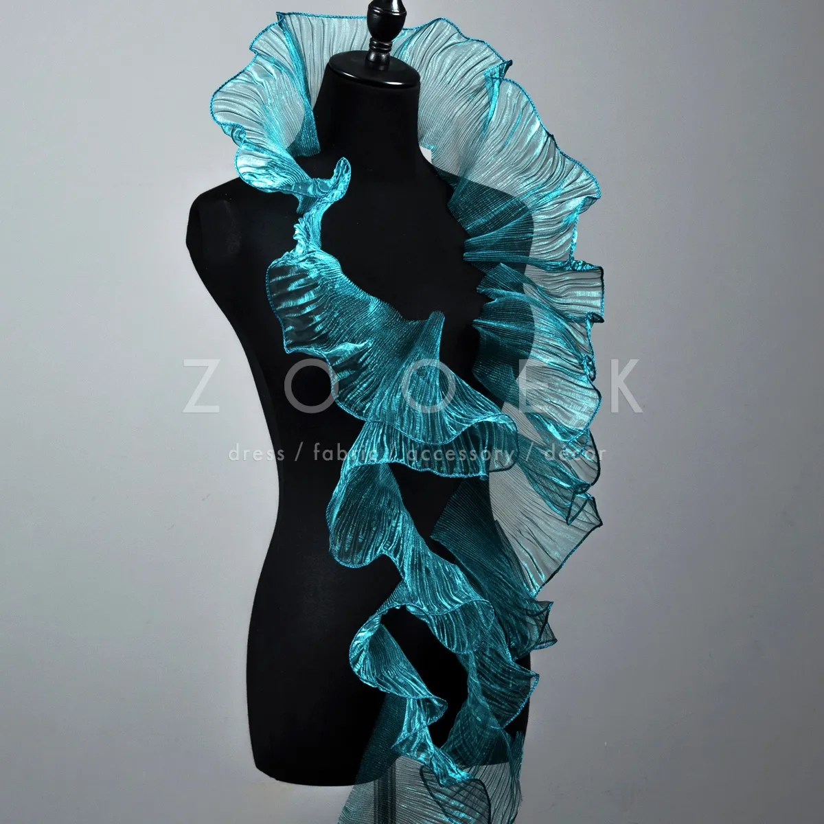 shiny peacock blue pleated organza trim
