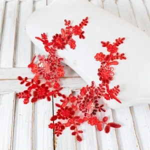 dazzling red sequinned floral lace appliques for decor