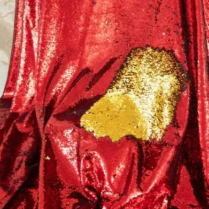 Shiny Red and Gold Two Sided Reversible Sequin Fabric