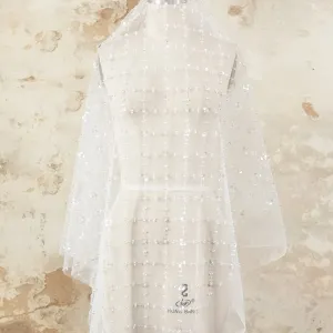 glitter silver white bead flower grid pattern mesh fabric