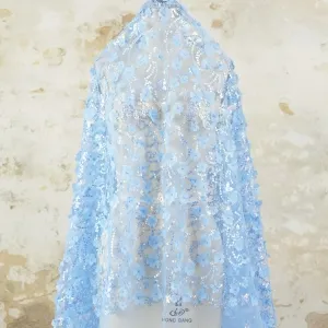 iridescent blue sequinned embroidery mesh with 3d flowers