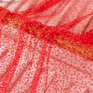 red pearl bead mesh prom dress fabric