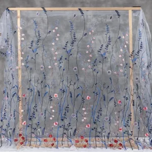 nature inspired blue red floral embroidery white mesh