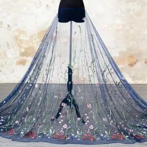 elegant floral leaves embroidery navy mesh dress fabric