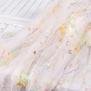 romantic floral embroidered pink mesh dressmaking fabric