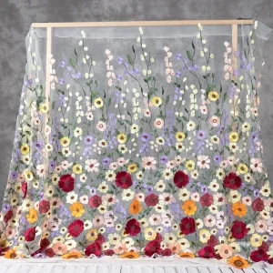 Multi-color 3D Embroidery Flower Fabric with Ivory Mesh