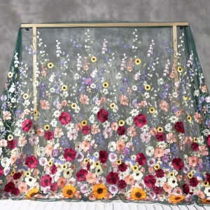 Dark Green Mesh Colorful 3D Flowers Embroidery Fabric