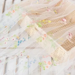 spring colored flowers and butterflies embroidered white mesh