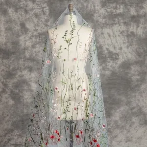 romantic green red plant floral embroidery fabric